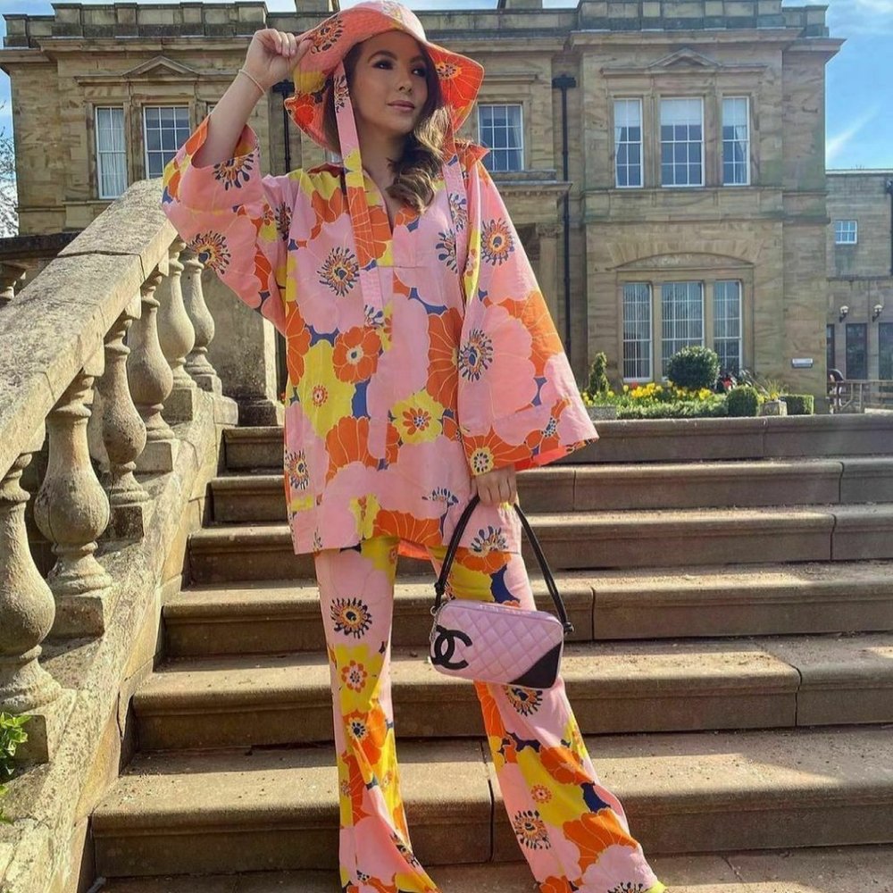 Zara Cotton Floral Print Oversized Shirt With Matching Bucket Hat Size XS